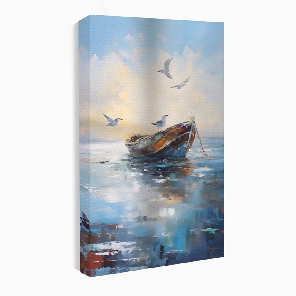 Tablou canvas cu tablou canvas cu barca si pescarusi, fara rama, pe sasiu de lemn